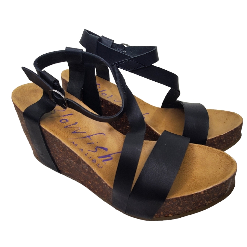 BLOWFISH Hazard Strappy Platform Sandals Black Cork Sz 6.5 Leather